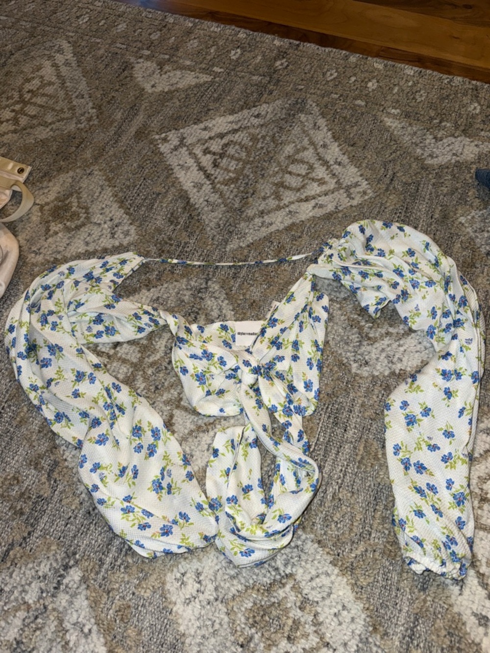 Skylar + Madison White Scarf Top with Blue & Green Floral Print